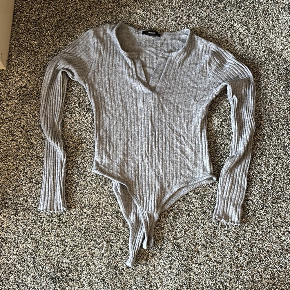 Gray Ribbed Long Sleeve Bodysuit